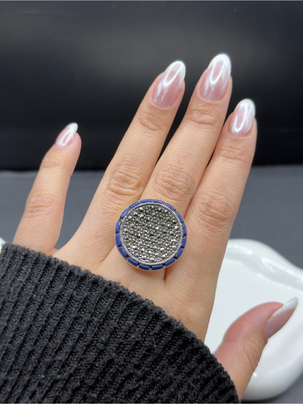 Marcasite and lapis lazuli stone sterling silver ring size 7